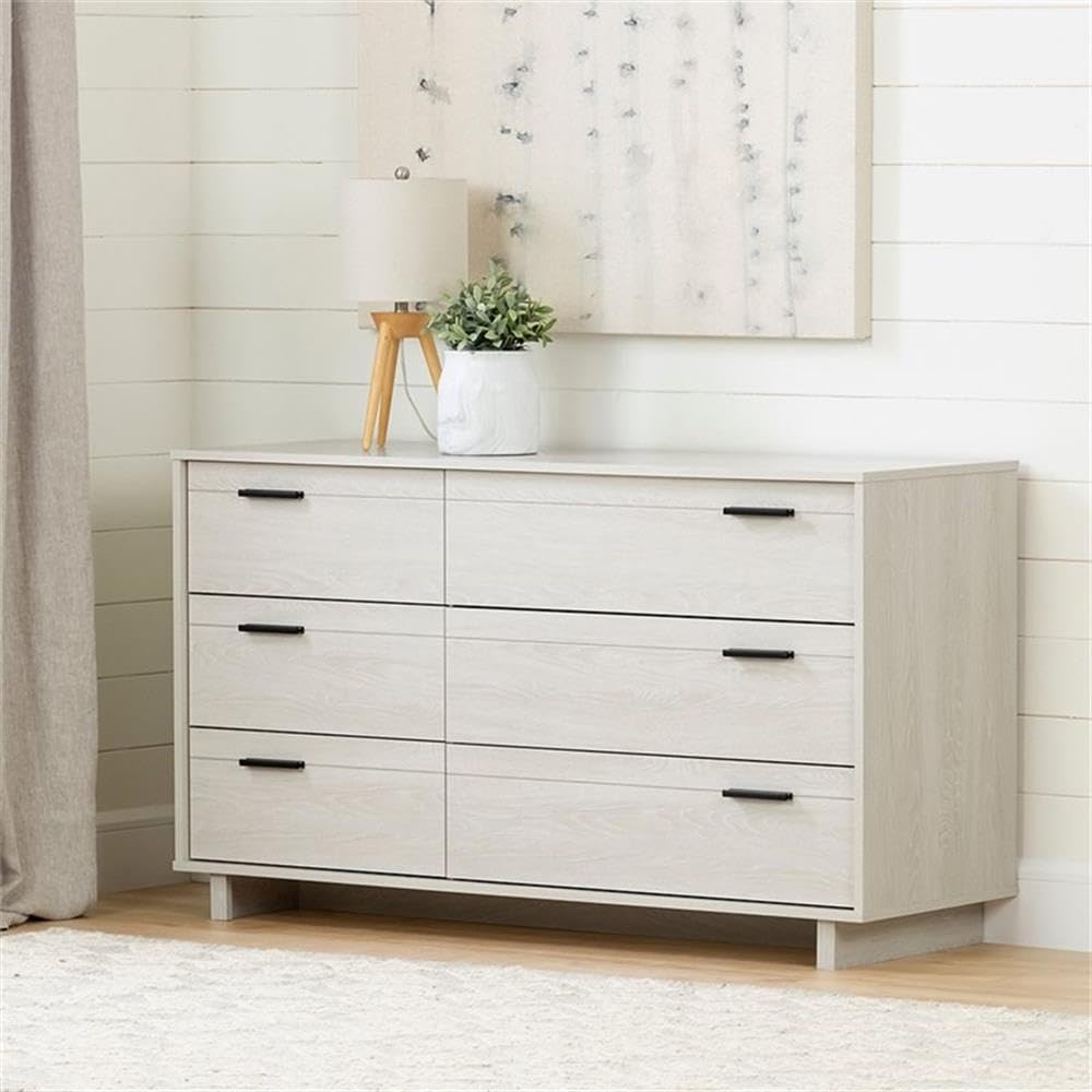 South Shore Fynn 6-Drawer Double Dresser, Winter Oak with Metal Handles