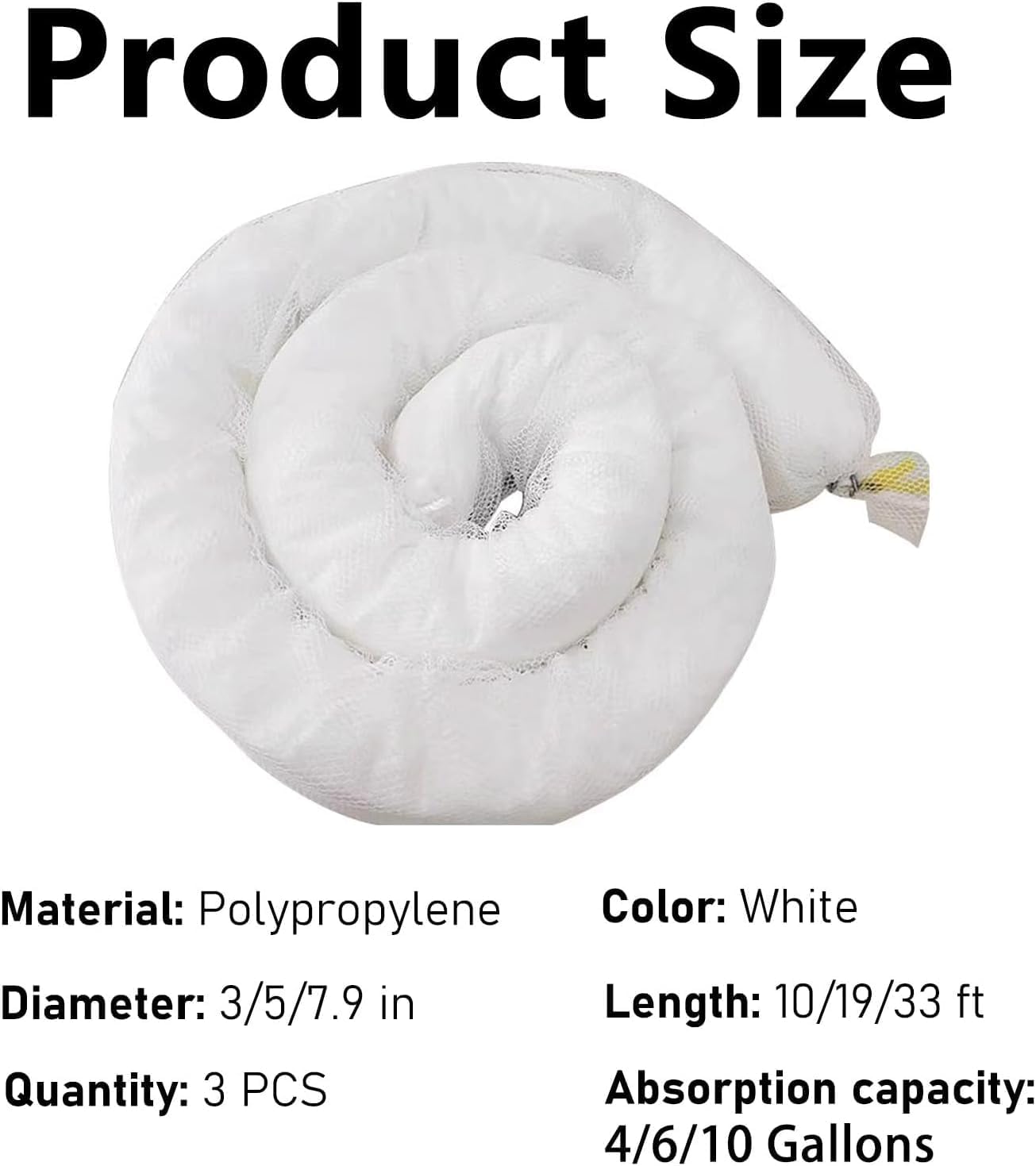 3Pcs Oil-Only Absorbent Sock & Net Boom - Effective Oil Spill Cleanup, Soaks Up Fuels & Hydrocarbons, Sizes: 10'/19'/33' x 3'/5'/7.9' (White, Dia 7.9')
