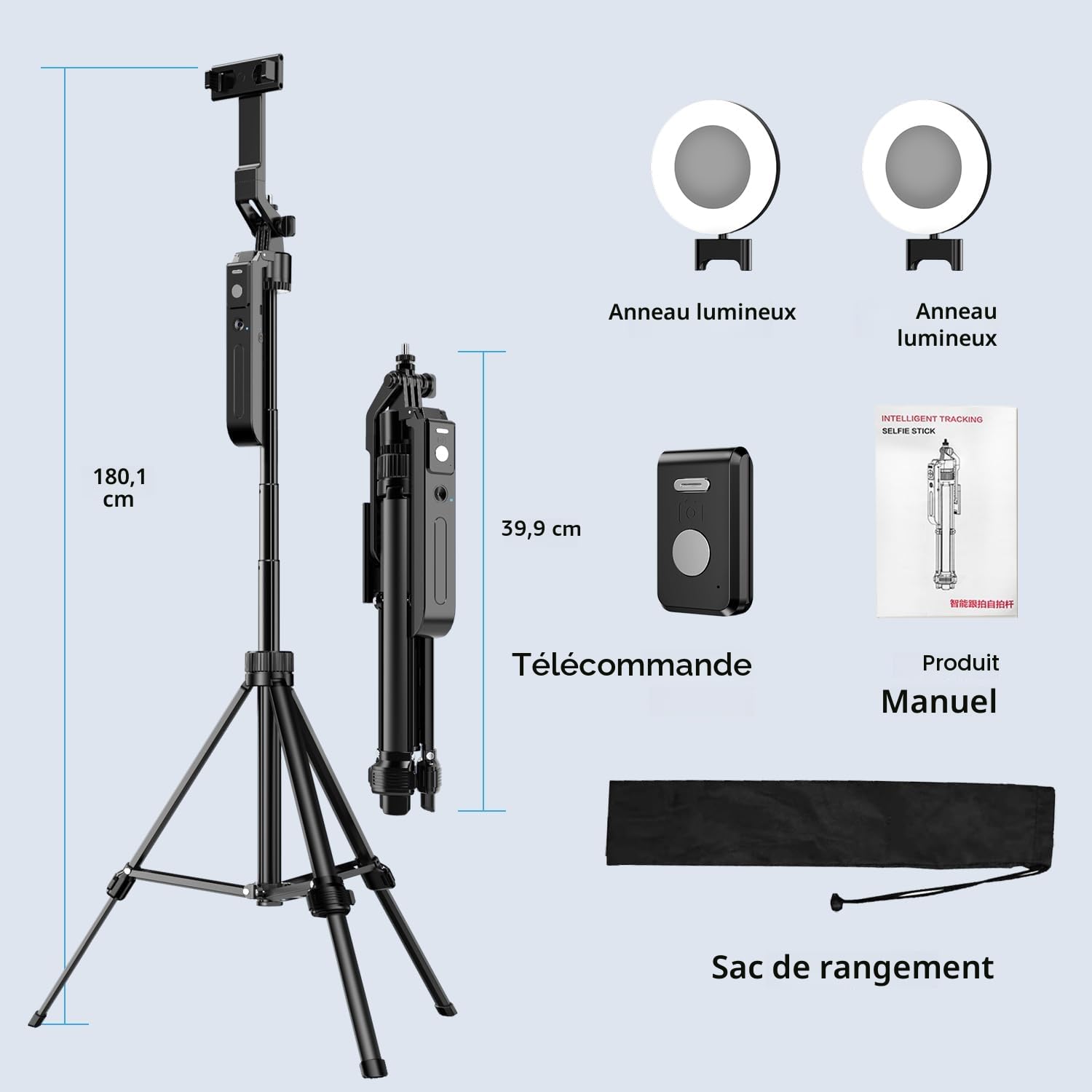 yAyusi Trépied de Suivi Automatique du Visage avec Lumière, 360° Rotation 180CM Perche Selfie Trépied de Téléphone avec Télécommande, Support Caméra Téléphone avec Capteur Mouvement pour Vlog/Vidéo