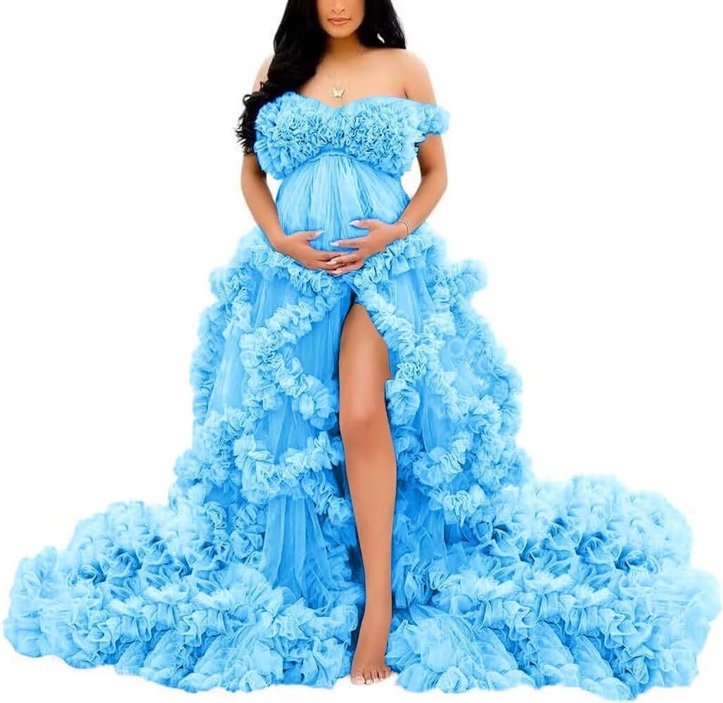 YIANN Blue Maternity Dress Tulle Robe Pregnancy Dresses for Photoshoot Off Shoulder Bridal Lingerie for Baby Shower Gown UK6