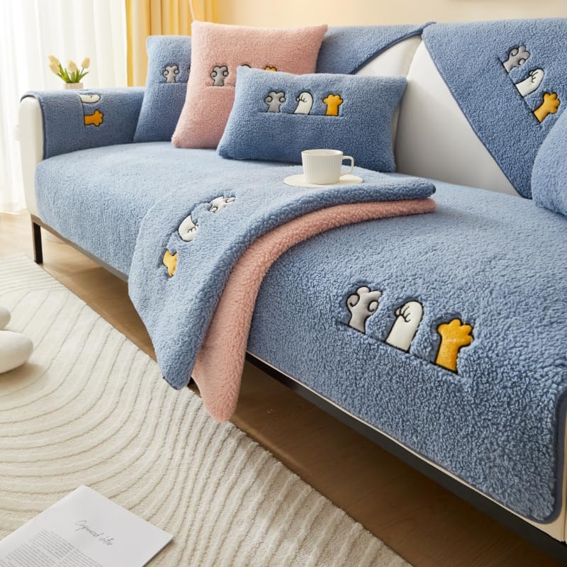 Housse de canapé antidérapante bleu d'angle universelle en peluche