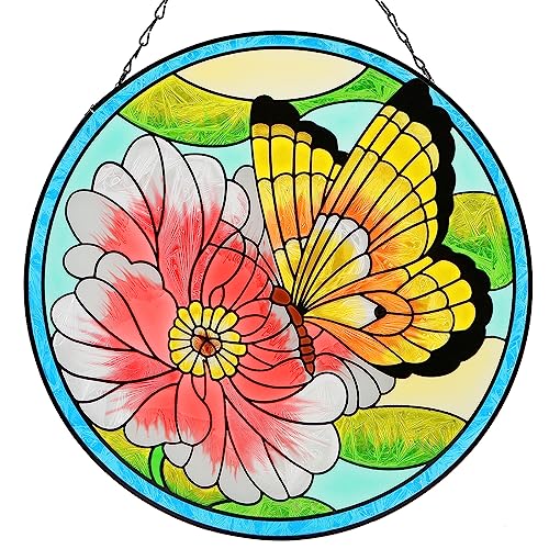 蝶 ステンドグラス ウィンドウハンギング 蝶 咲き乱れる花 サンキャッチャー 屋内窓 黄色い蝶 サンキャッチャー ステンドグラスパネル アート装飾 恋人へのギフト 女性 ホームのサムネイル