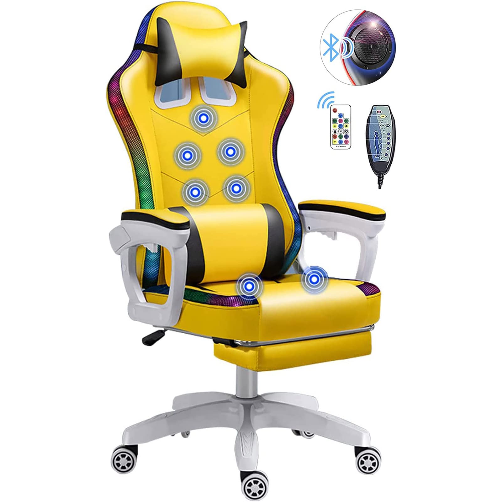 Żółte krzesło gamingowe z oświetleniem LED, ergonomiczne, 7-punktowe krzesło komputerowe dla dorosłych i nastolatków, wyścigowe krzesło do gier wideo