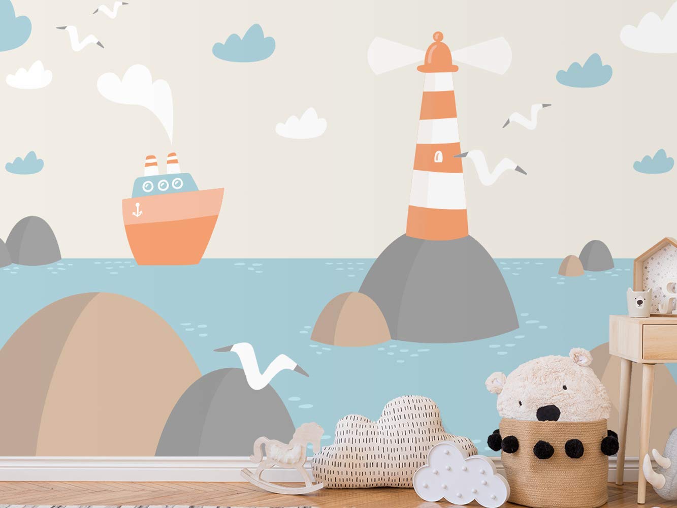 Oedim Fotomural Infantil Vinilo para Pared Faro y Barco | Mural | Fotomural Infantil Vinilo Decorativo |500 x 300 cm | Decoración comedores, Salones, Habitaciones