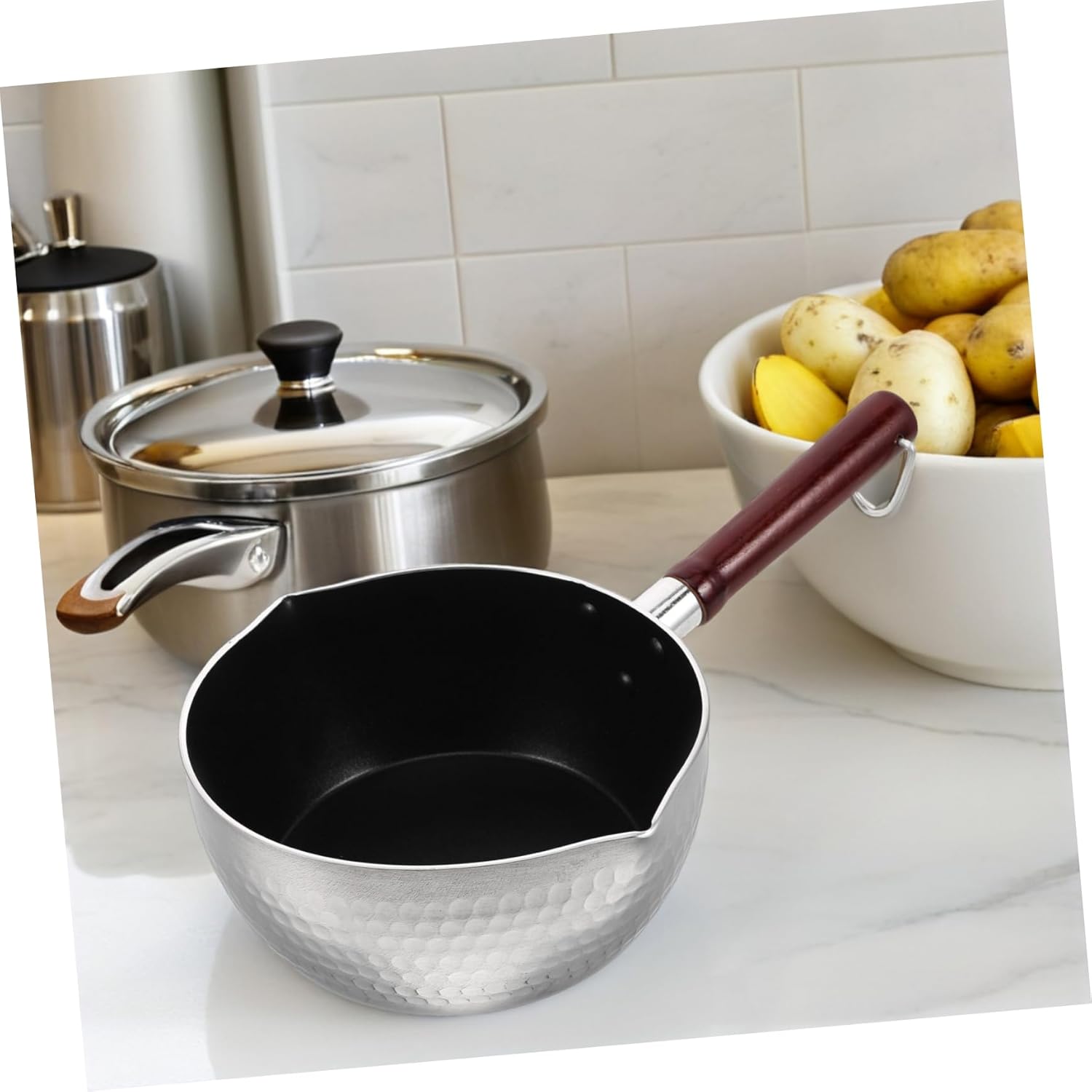 Cabilock Japanese Style Nonstick Saucepan with Wooden Handle Cooking Pot for Soups Noodles and Compact Design for Easy Storage and Versatile Use