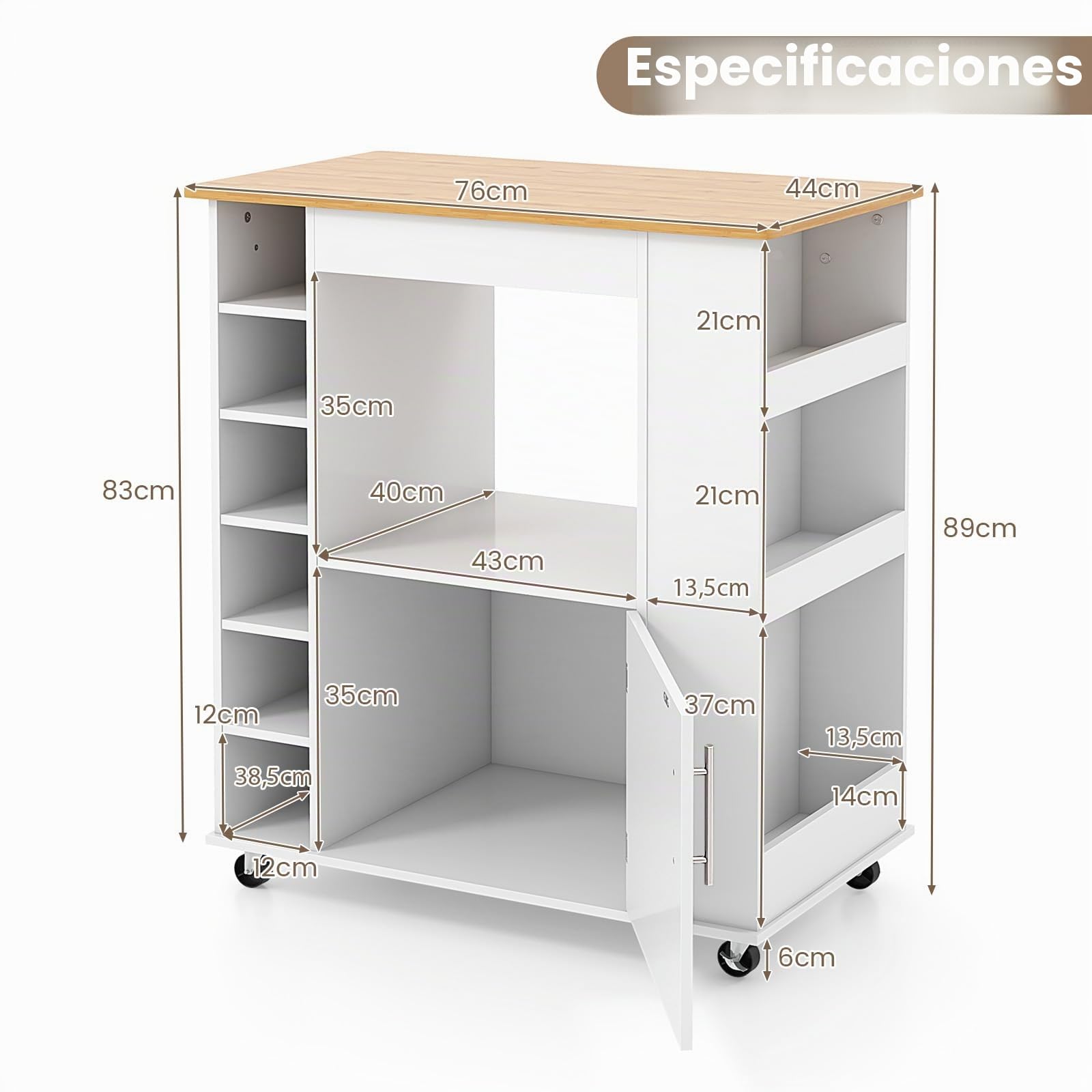 KOMFOTTEU Carro de Cocina con Encimera de Bambú y Ruedas (Blanco)