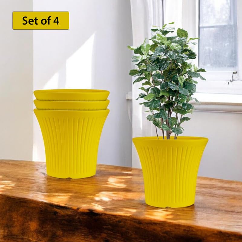 Image of GARDENS NEED 10 Inches Tancy Round Flower Pot | Set of 4 | Yellow | Plastic Planter Pots for Indoor & Outdoor Home, Office & Balcony Decoration