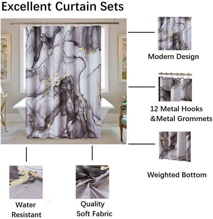 Miniatura 3 de YOSTEV Juego de cortinas de ducha de mármol negro y dorado, cortinas de ducha abstractas de mármol para decoración de baño con 12 ganchos de metal,