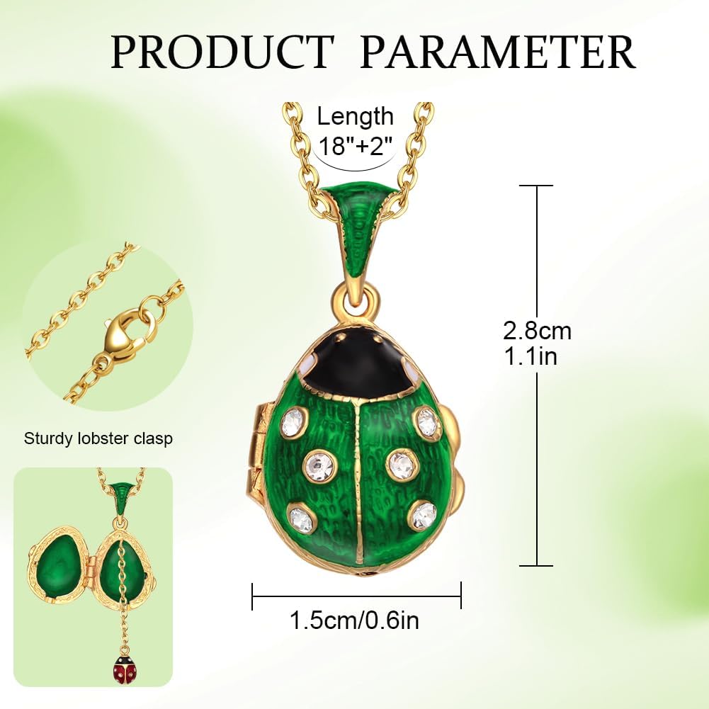 Mother‘s Day 2026 Ladybug Locket Charm Enamel Pendant Necklace, Brass Crystals, Red Blue Green