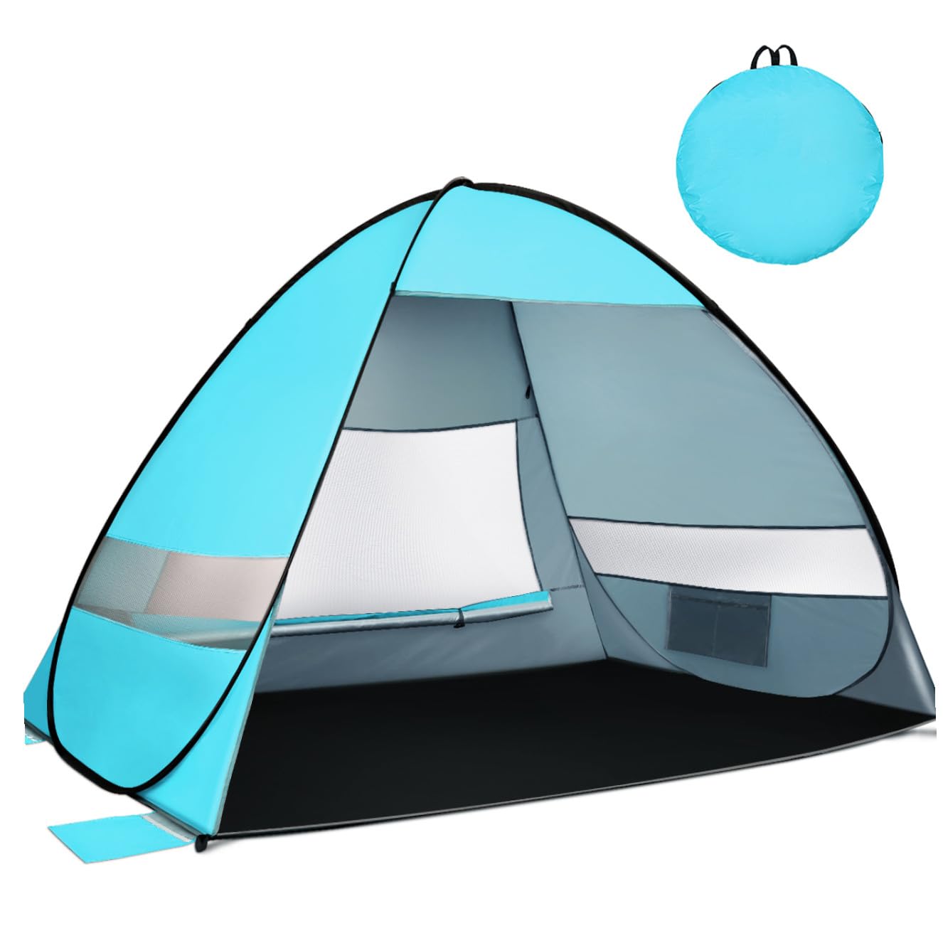 Tente de Plage Pop Up Automatique Bleue Abri Portable UV UPF avec Ventilation Sacs Piquets Renforcés pour Camping et Randonnée