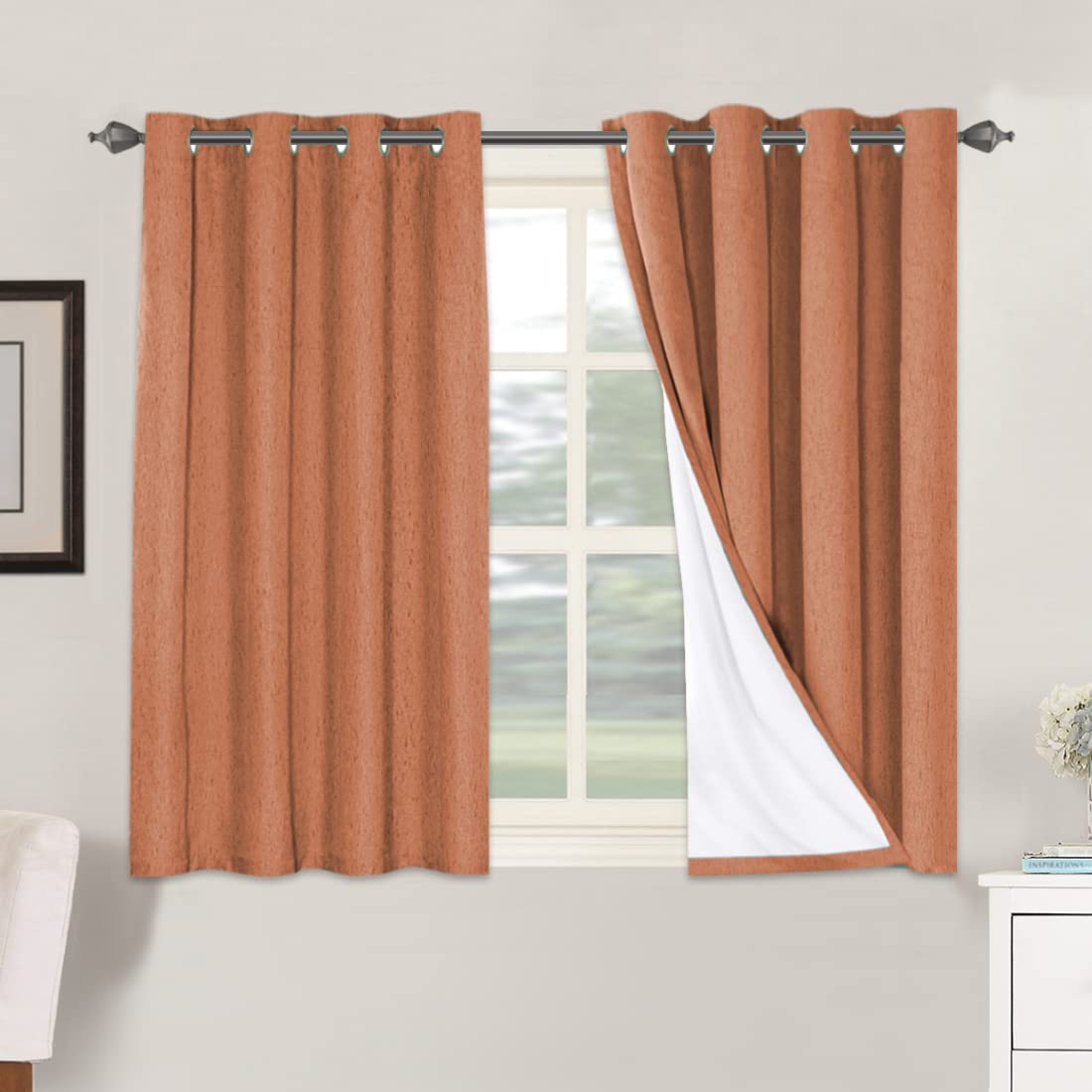 H.VERSAILTEX 100% Blackout Curtains for Bedroom Thermal Insulated Linen Textured Curtains Heat and Full Light Blocking Drapes Living Room Curtains 2 Panel Sets, Orange, 52x45 Inch