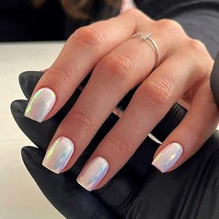 Chrome Glazed Donut Press on Nails Short Square Shaped - White Short Gel Nails Press ons Glossy Shiny Acrylic Nails Reusable Fake Nails for Women, Glue on Nails Short Square Thick False Nails 24Pcs