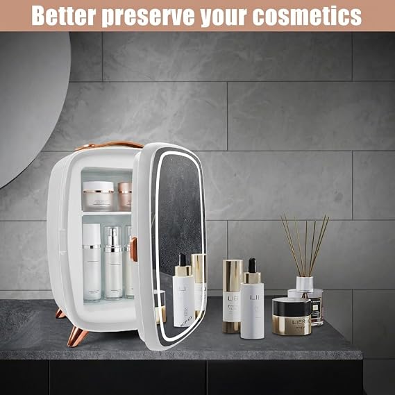KFO Mini Skincare Fridge 6L – Beauty Fridge with Mirror & 3-Mode LED Light, Portable Cosmetic Cooler for Makeup Serums Creams, 6°C Cooling 20dB Quiet, Small Fridge for Bedroom Bathroom Office [Energy Class A]