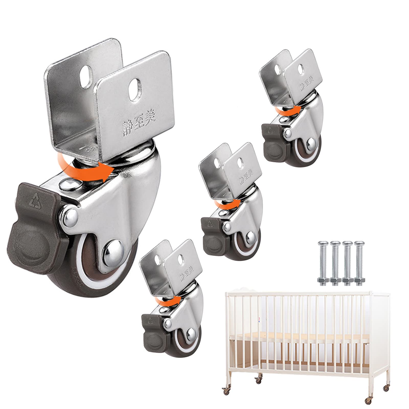Rotelle di ricambio per mobili da 4 pezzi, rotelle da trasporto con freno, ruote a stecca a forma di U da 16/18/20/22/25 mm, rotelle universali, per supporto per fiori, culla, carrelli, 22 mm-4 freni