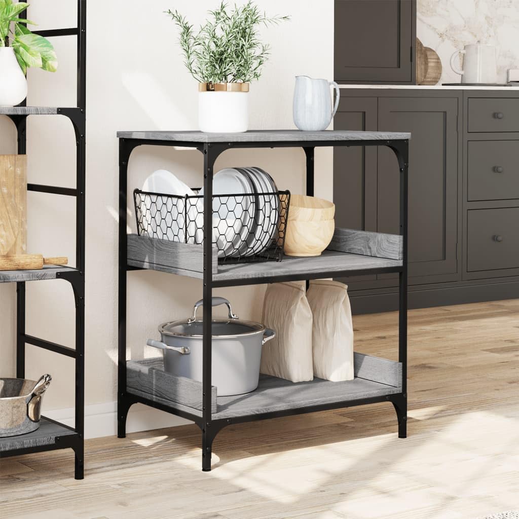 Carro de cocina gris Sonoma 60 x 41 x 80,5 cm de material de madera con marco de acero y 4 ruedas, 2 con bloqueo, carrito de servicio para almacenamiento adicional en la cocina y el salón,