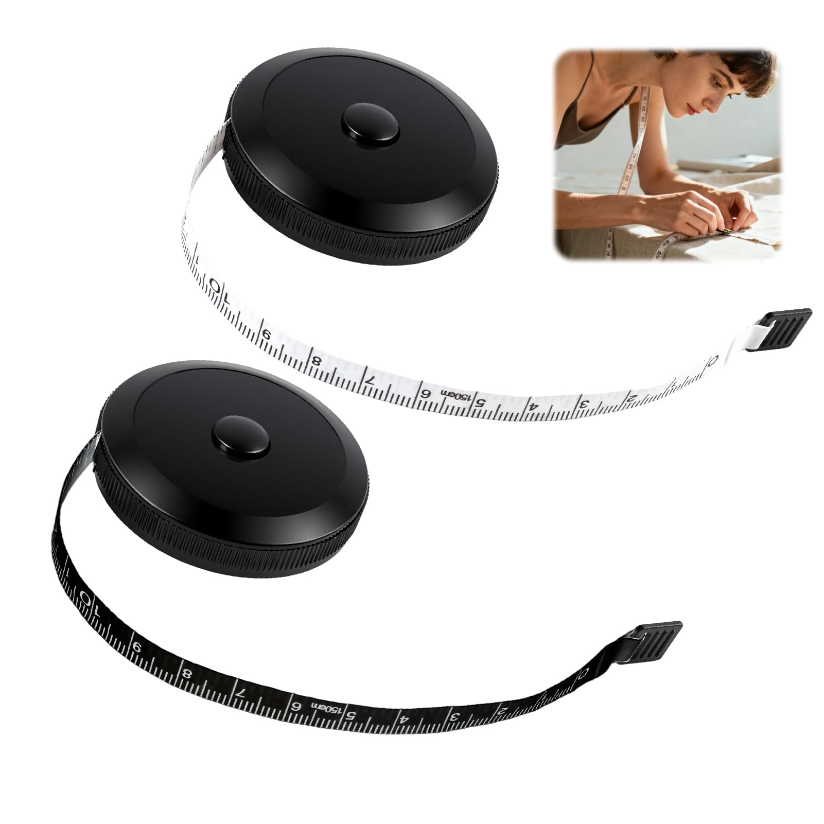 Lote de 2 metros de cinta de costura, cinta medida cuerpo de doble cara, 2 m y 1,5 m, cinta métrica de costura retráctil, flexible y portátil con botón, para tela, ropa, busto, cintura y costura