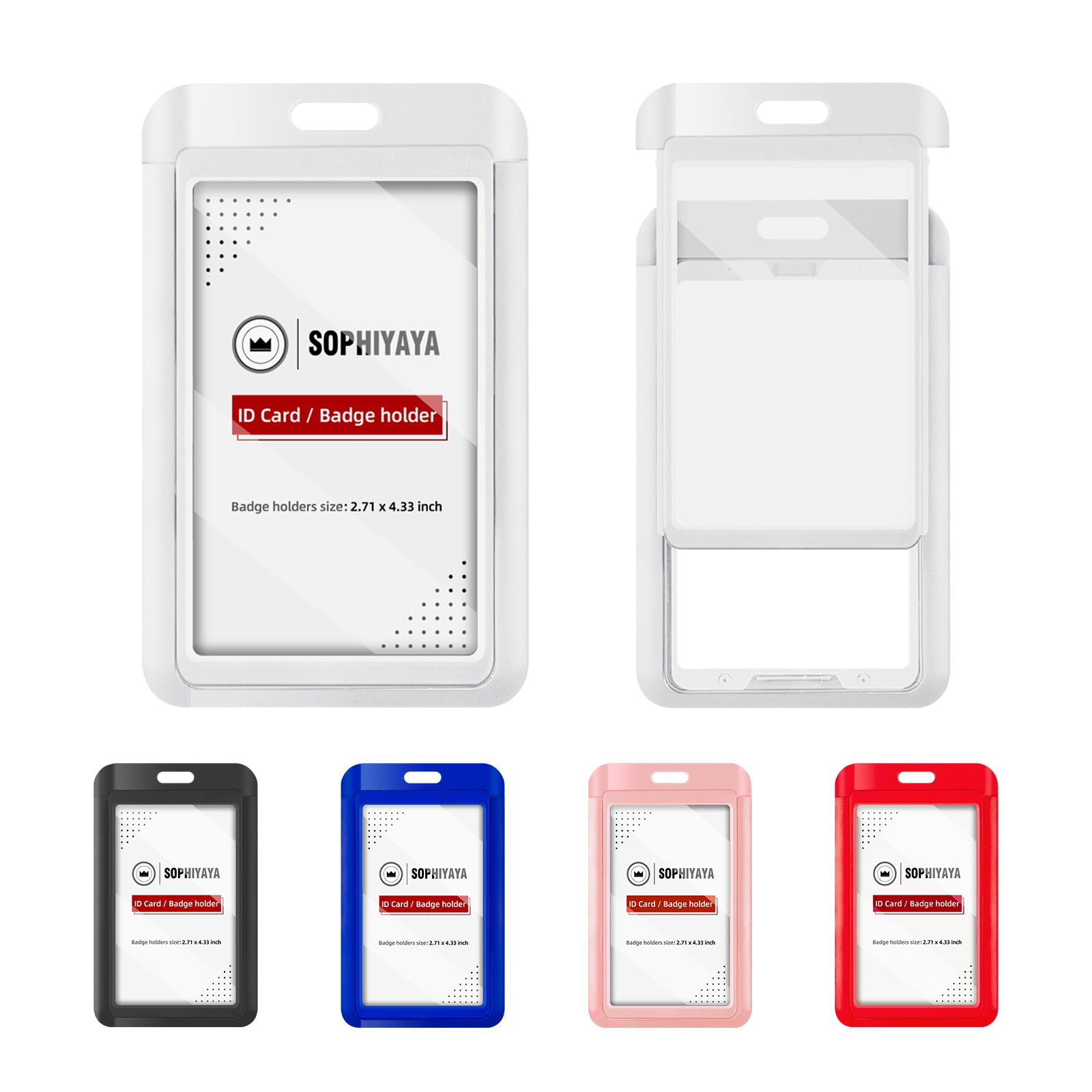 SOPHIYAYA 2 Pack Sliding Badge Holder with Double-Sided Windows Key Card Work Badge Sleeve for Office School Factory Teacher Student (White)