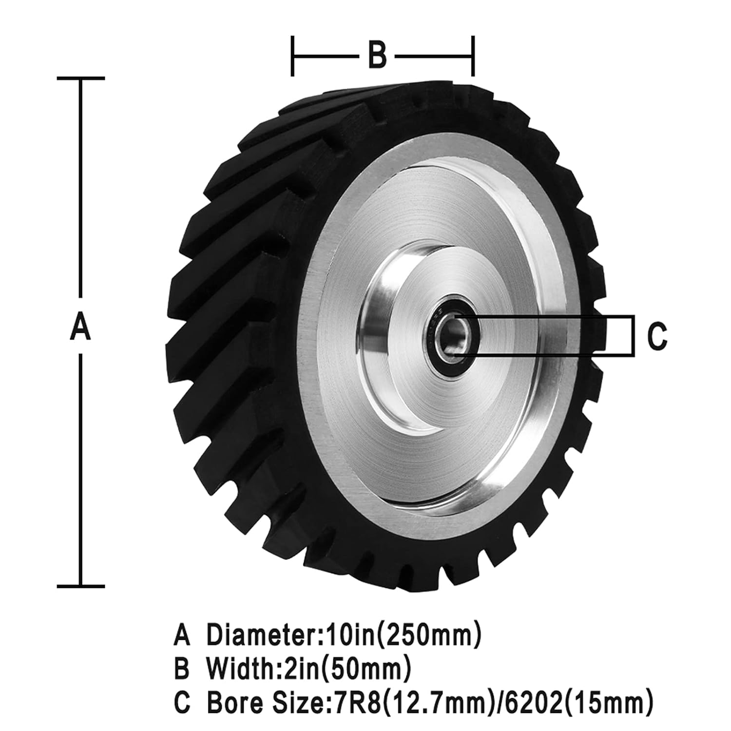 10x2 Inch Serrated Rubber Contact Wheel, Belt Grinder Rubber Wheel 7R8 Bearing Belt Grinder Wheel for Belt Machine Polishing Machine