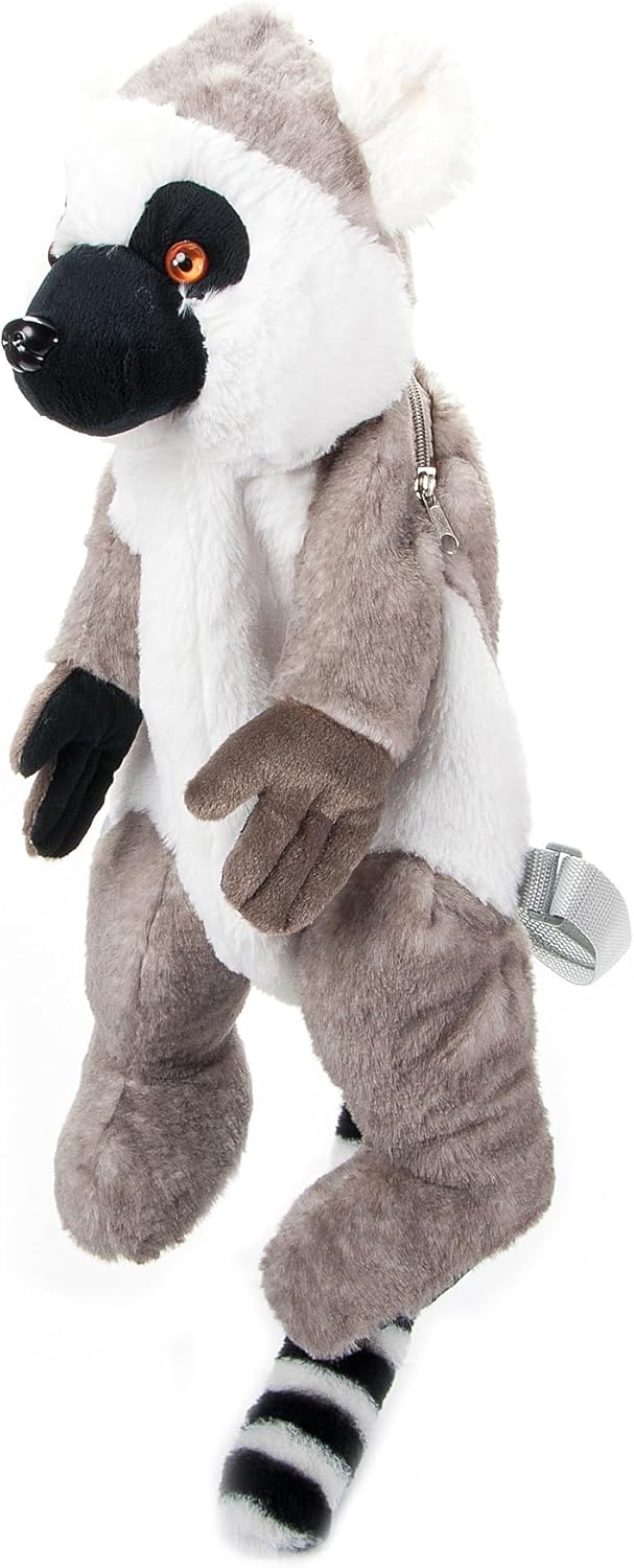 The Petting Zoo Ring-Tailed Lemur Stuffed Animal Plushie Backpack, Gifts for Kids, Wildlife Animal Toy, Grey Ring-Tailed Lemur Plush Toy Book Bag, 20 inches