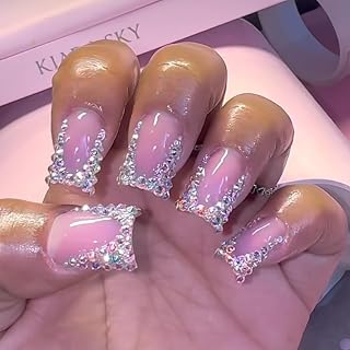 French Tip Press on Nails with Crystal Rhinestone Designs Glossy Pink Fake Nails Medium Square Glue on Nails 3D Acrylic Nails Press on DIY Artificial Nail Set for Women Manicure, 24Pcs