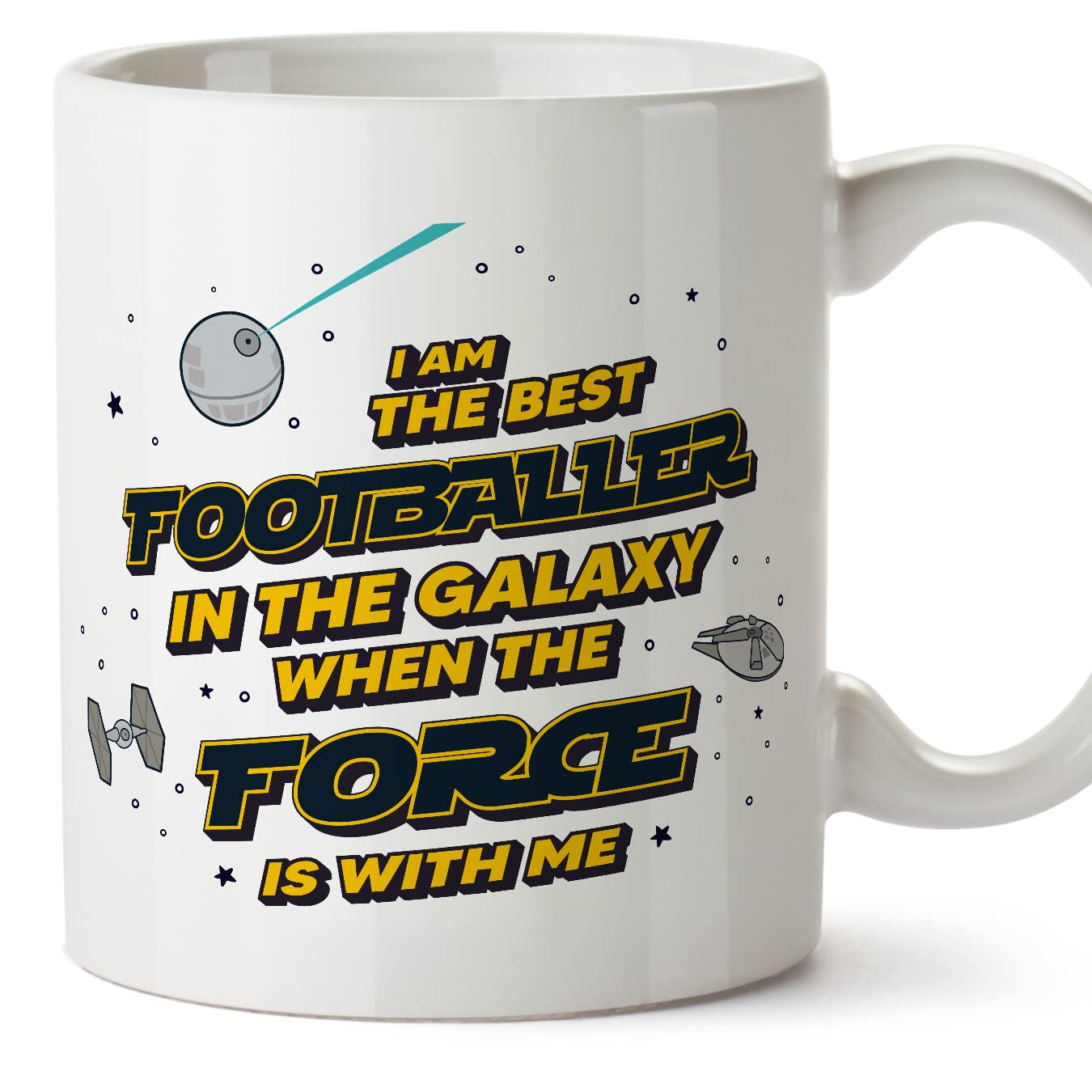MUGFFINS Footballer Mug - in English - Best in The Galaxy The Force is with Me - Funny Gift for Colleagues - Ceramic 11oz Mug