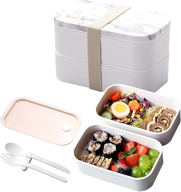 Aedcbaide Bento Lunch Boxes, Portable Japanese Style 2 Tiers Box, 1600ml Divider Cutlery Stackable Leak-Proof Freezer Microwave and Dishwasher Safe Lunch Boxes for Adults Work School (Marble White)