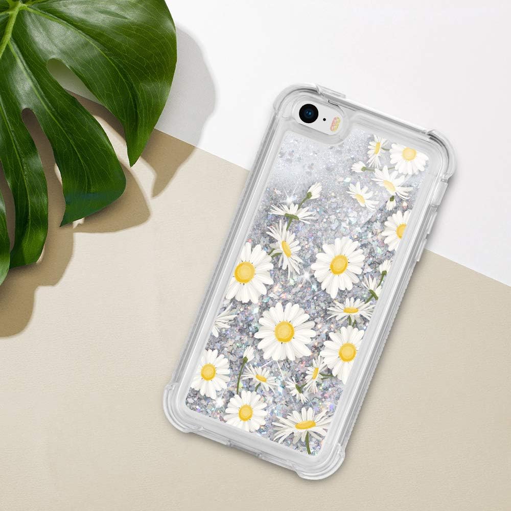 Caka iPhone 5 Case, iPhone 5S Case, iPhone SE (2016) Glitter Full Body Case with Built in Screen Protector Bling Sparkle Floating Liquid Girls Girly Women Protective Case for iPhone 5 5S SE (Daisy)