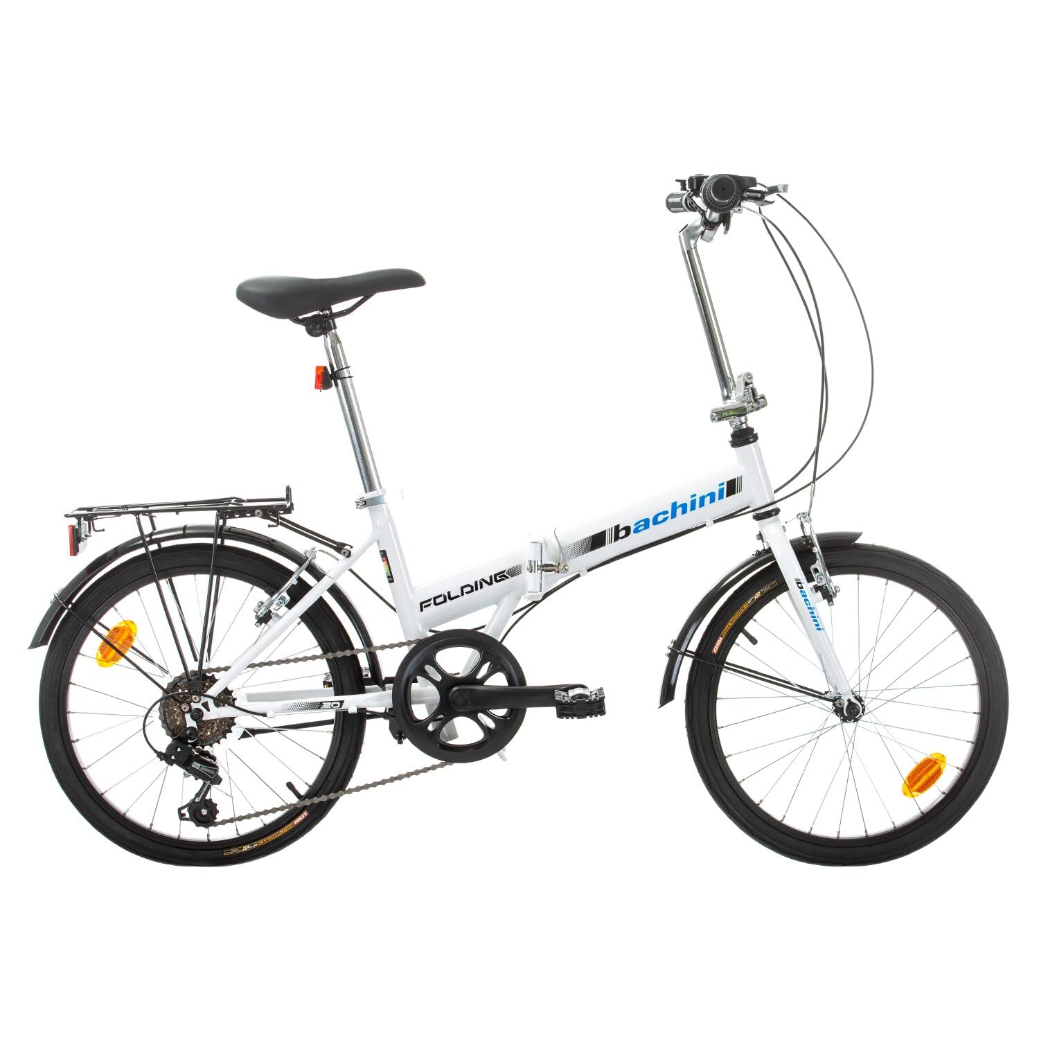 Multibrand Bachini Folding Vélo Pliant Classique 20 Pouces, 6 Vitesses, Frein V-Brake, Garde-Boue, Sonnette, pour Adultes et Adolescents, Convient pour 155–185 cm (Blanc avec Bleu et Noir)