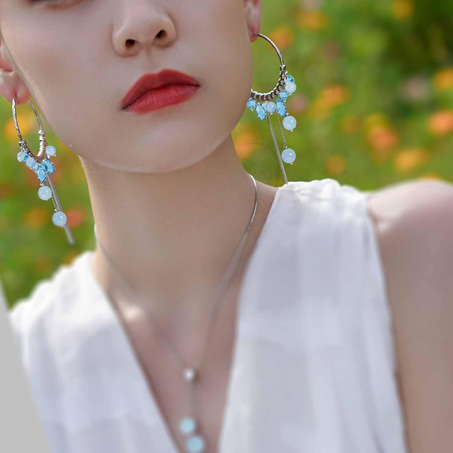 925 Sterling Silver Handmade Unique Hoop Earrings Ethereal Boho Dangle Style Multi Gemstones combination with Long chain Tassels Ideal Jewelry Gift for Women Ladies