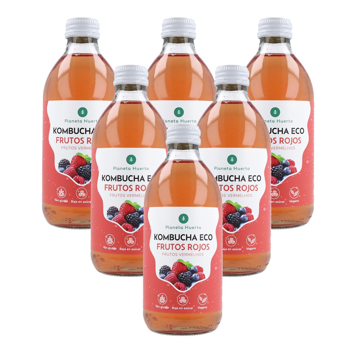 PLANETA HUERTO | Lot de 6x Kombucha ECO Fruits Rouges 330 ml | Fermentation Naturelle | Probiotiques pour le Système Digestif
