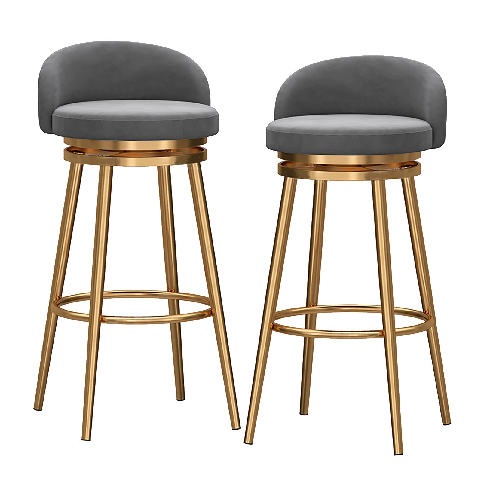 Lot de 2 tabourets de bar velours gris 65 cm pivotants avec dossier et repose-pieds