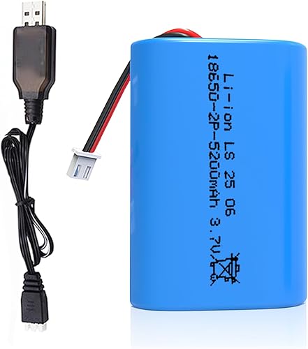 Paquete de baterías de iones de litio recargables de 3.7V 5200mAh, XH 2Pin Plug Baterías de iones de litio de 3.7 voltios con cable de cargador USB,