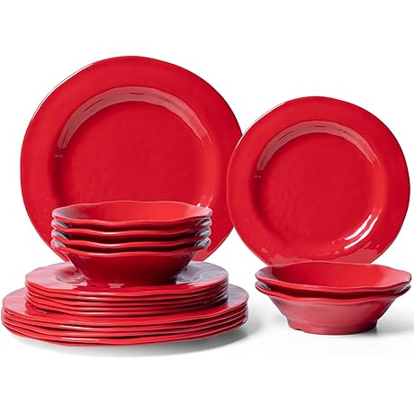 LEHAHA 18-Piece Red Melamine Dinnerware Set, (Service for 6)
