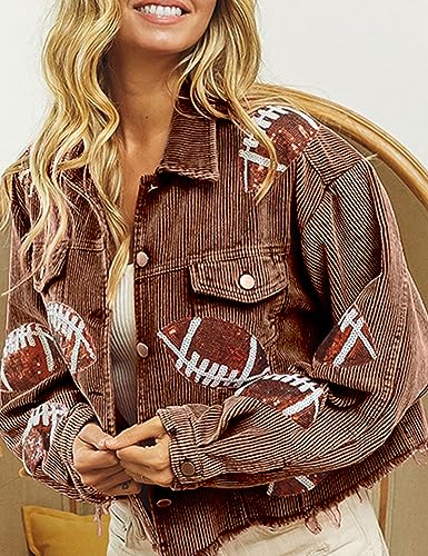 VAOYIU Women's Cropped Corduroy Jacket Rugby Sequin Washed Distressed Button Raw Hem Jacket Coat3
