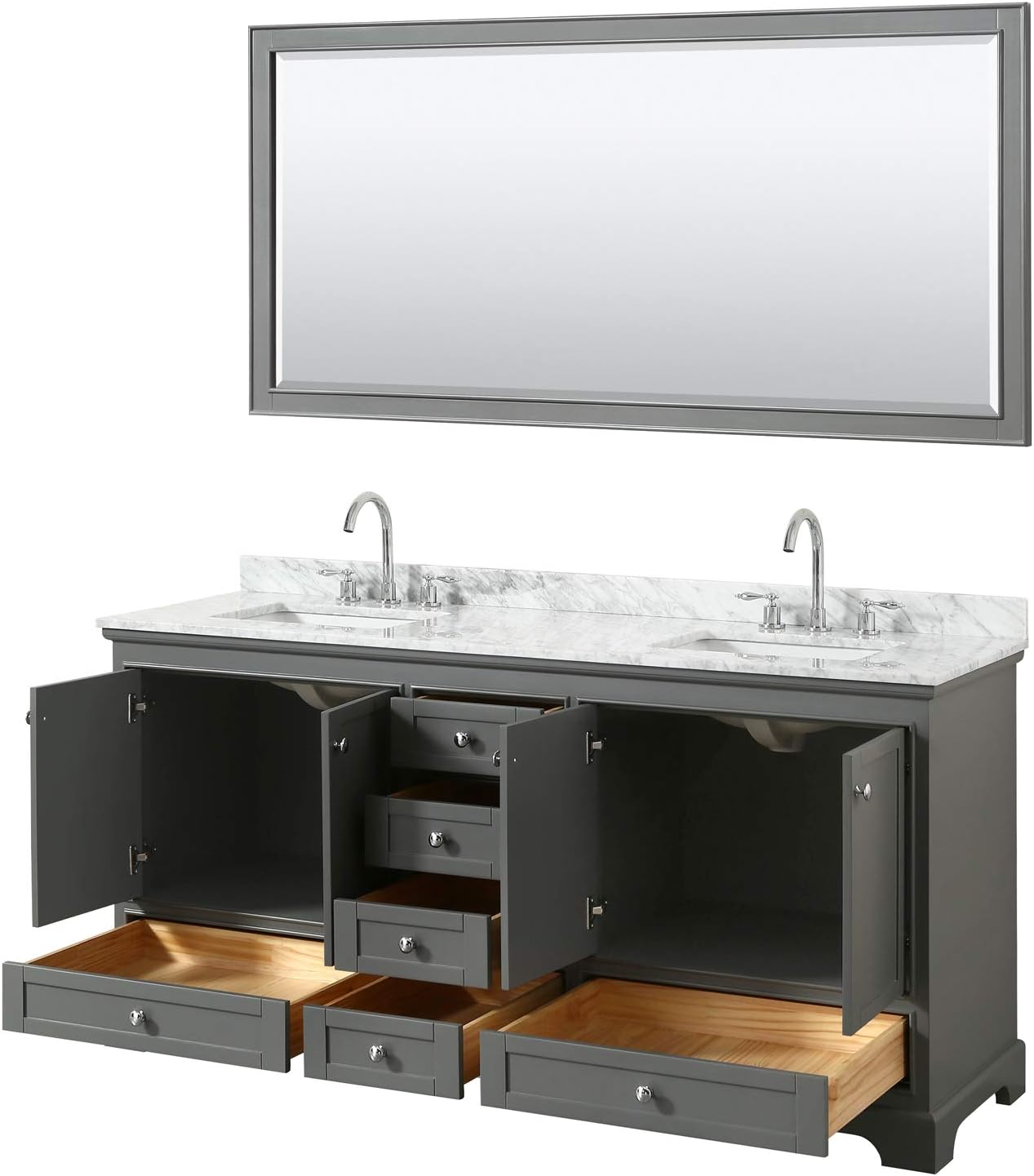 Wyndham Collection Deborah 72 Inch Double Bathroom Vanity in Dark Gray, White Carrara Marble Countertop, Undermount Square Sinks, and 70 Inch Mirror