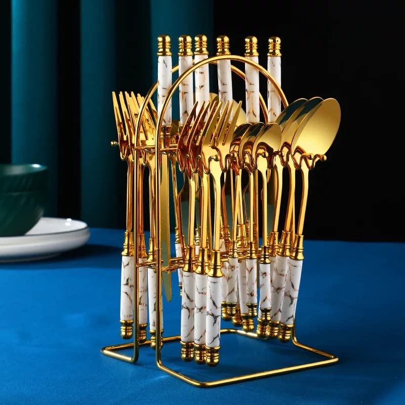 Spoon Royal Fork & Knife Set - Dinnerware Cutlery Set with Stand - Gold Plated | Stainless Steel - 24 Pcs (White)