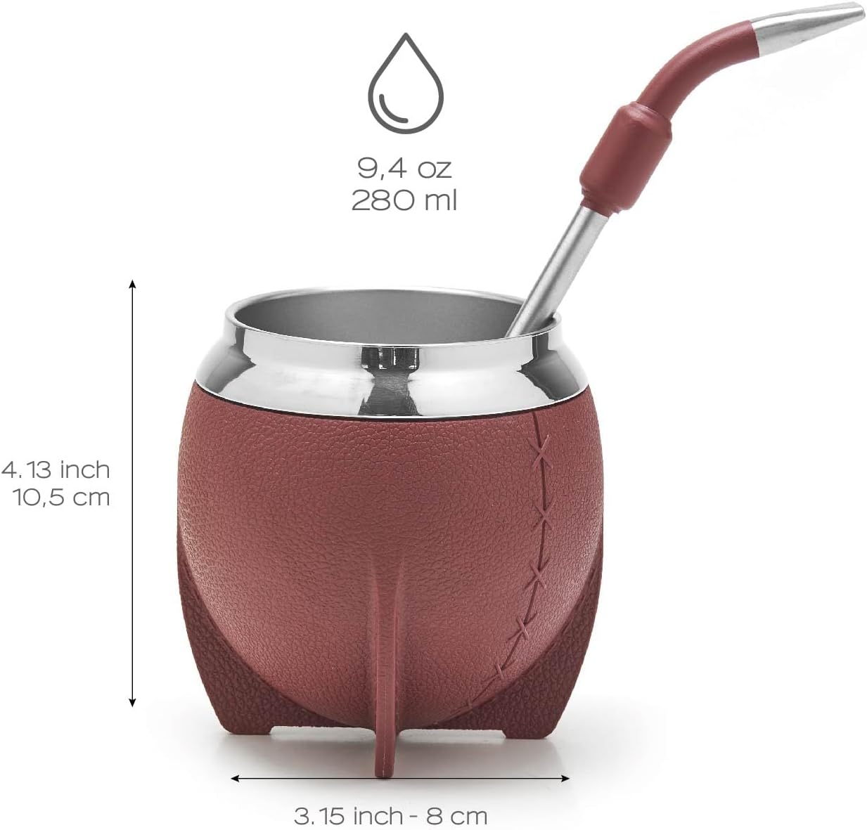 BALIBETOV Yerba Mate Cup And Bombilla Set, Includes Stainless steel Yerba Mate Gourd, Premium Bombilla Mate and Cleaning Brush (Burgundy)