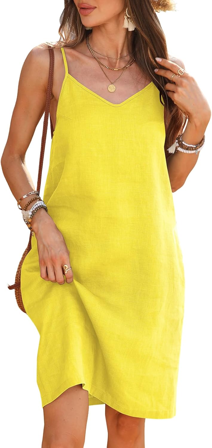 Women's 100% Linen Dress Spaghetti Strap Adjustable Strap V Neck Sleeveless Sundress Summer 2026 Beach Vacation