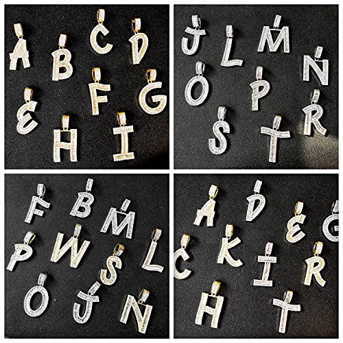 Bling Silver Gold Baguette Initial Letter Necklaces For Men Women Iced Out Diamond Pendant Tennis Chains Hip Hop A-Z 22 Inch (A-Silver, & Rope) #TOP4