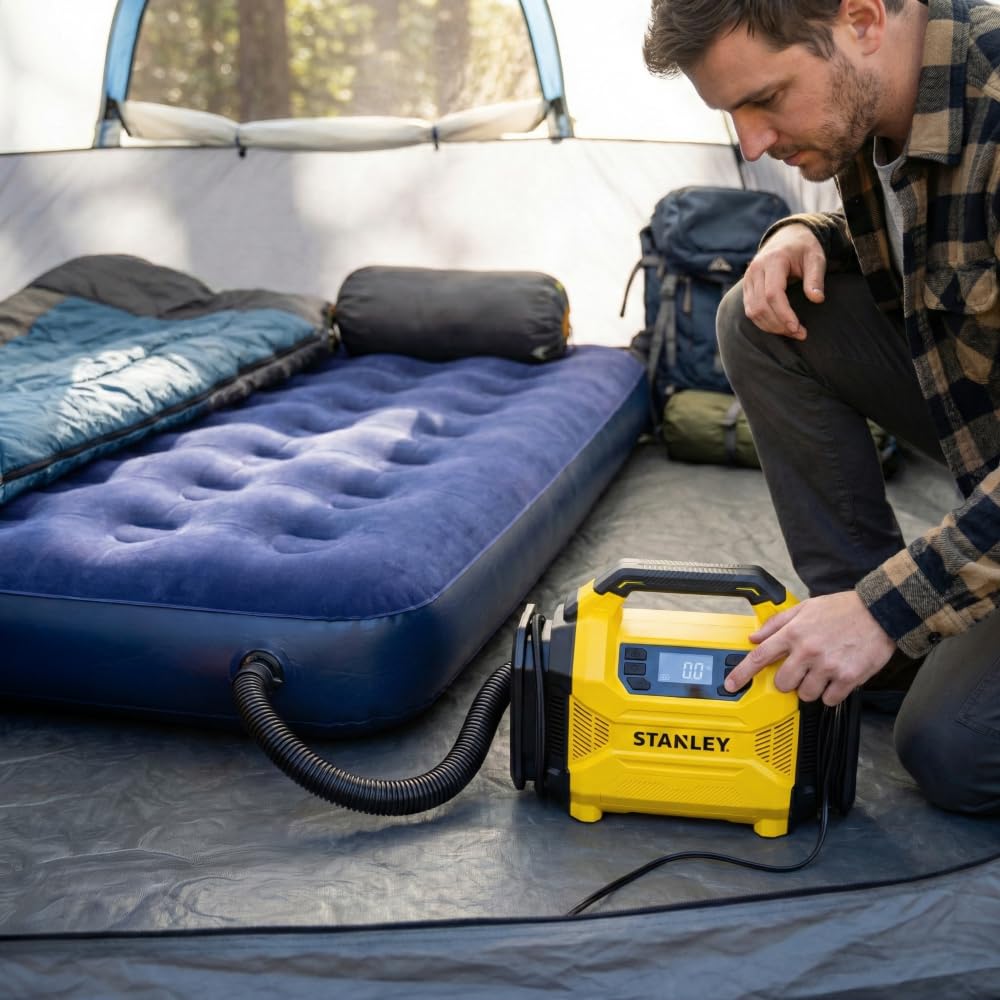 Stanley SXIF3501 Dijital Lastik Şişirme Pompası, 12V/220V, 150 PSI, LED Lambalı, Siyah