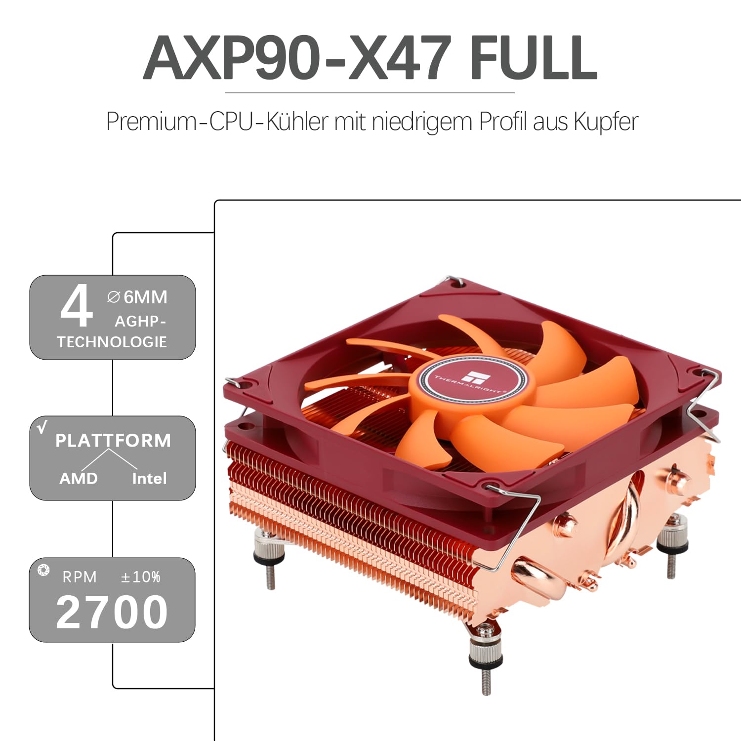 TR-Thermalright AXP90 X47 Full CPU Cooler-4 Heatpipes, silenzioso, 92 mm, a basso profilo, 2700 RPM, per AMD AM4/AM5, Intel LGA1851/1700/115x/1200, basso profilo ITX PC