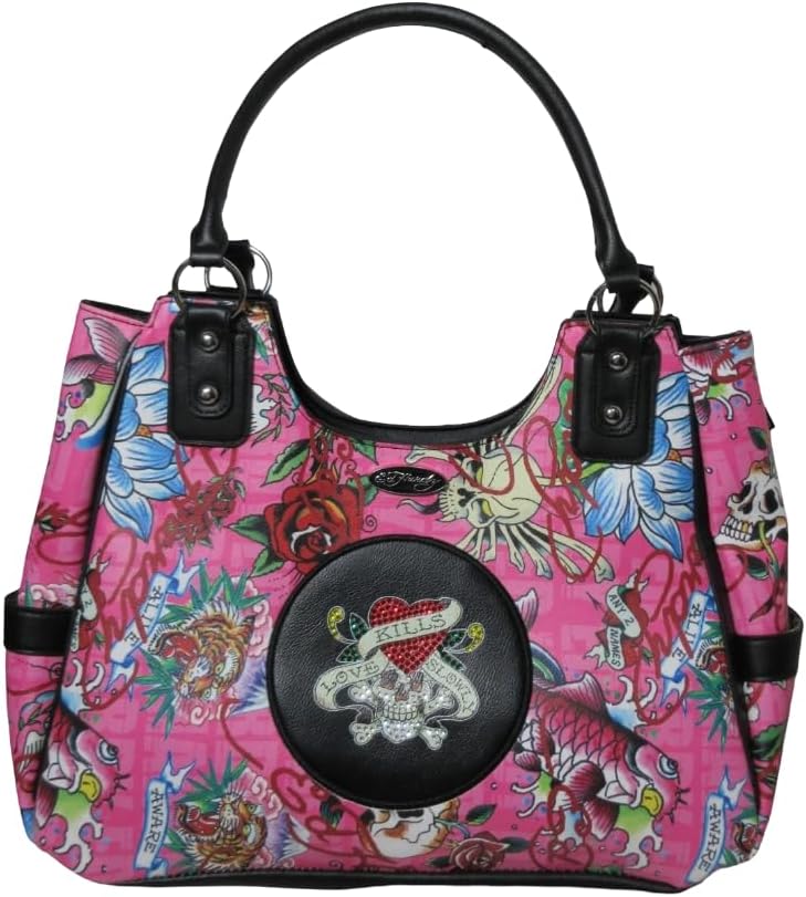 ED HARDY Tote Shoulder Bag with Skull and Rose Design. 15" x 4" x 12"