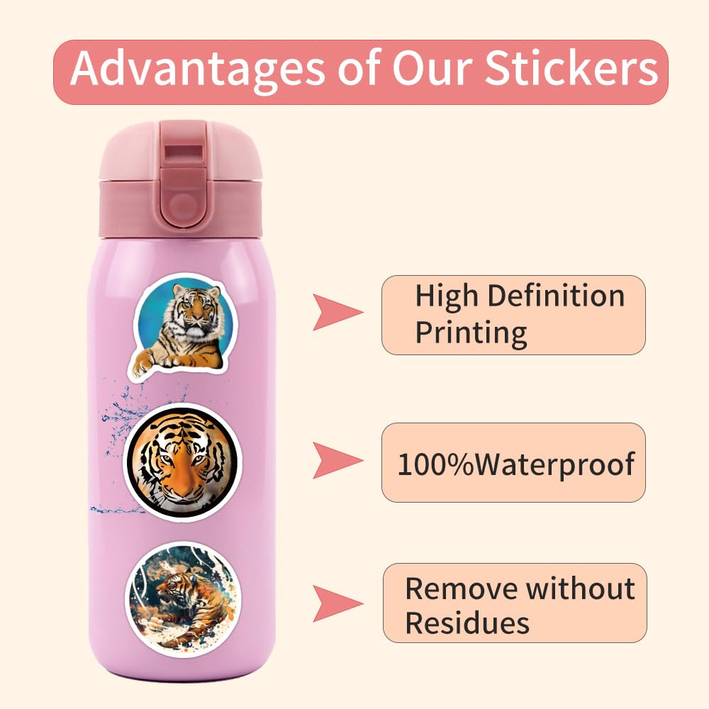 100Pcs Tiger Stickers Laptop Car Scrapbook Phone Skateboard Suitcase Luggage Bike Cool Tiger Stickers Vinyl Waterproof Aesthetic Personalised Stickers for Teens Boys Girls Adults - Image 2