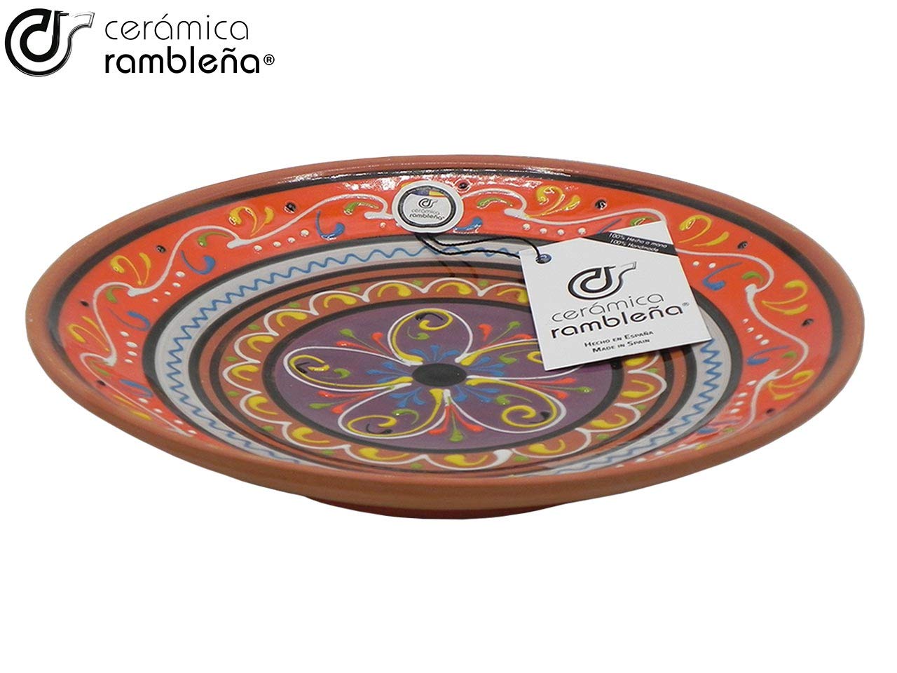 CERÁMICA RAMBLEÑA | Plato Decorativo para Colgar en Pared | Plato de cerámica | Plato decoración Mediterránea Naranja-Blanco-Violeta | 100% Hecho a Mano | 35x35x6 cm