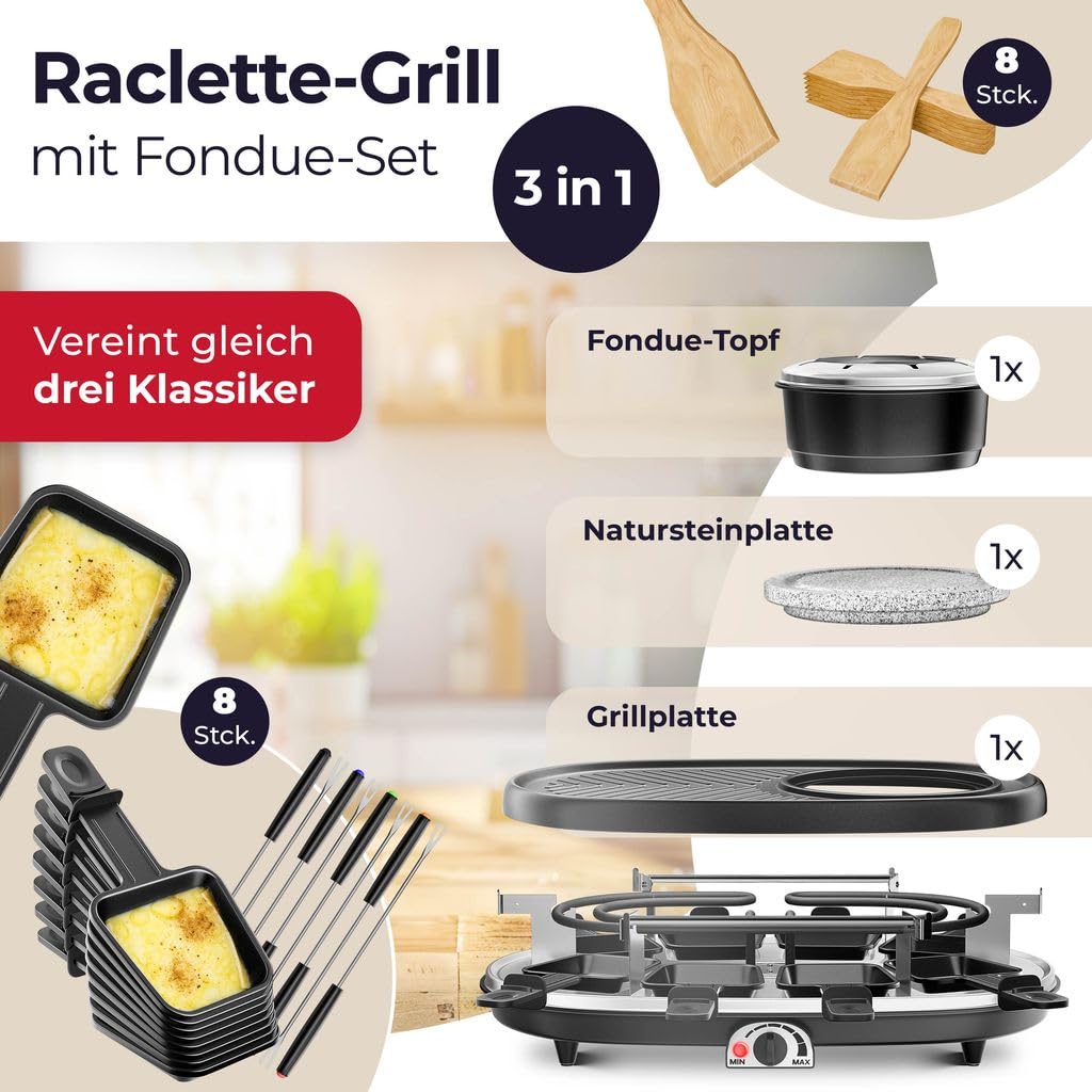 KESSER Grill do raclette 3 w 1 z naturalnym kamieniem grillowym, płytą grillową i fondue, grill stołowy dla 8 osób, grill elektryczny raclette