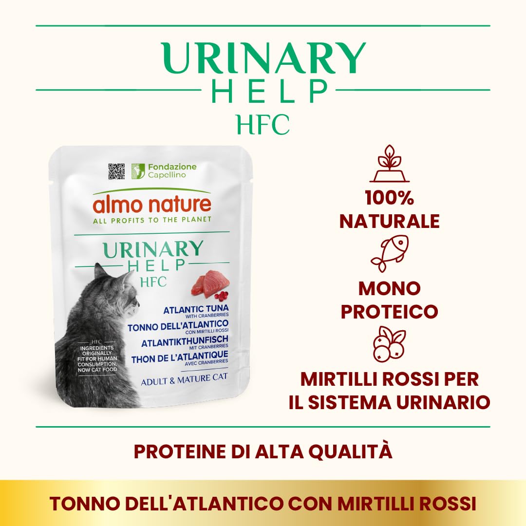 Almo Nature HFC Urinary Help - Cibo Umido per Gatti - Supporto Vie Urinarie - Tonno dell'Atlantico e Mirtilli Rossi - Human Grade, Monoproteico, Gluten Free - 24x50g