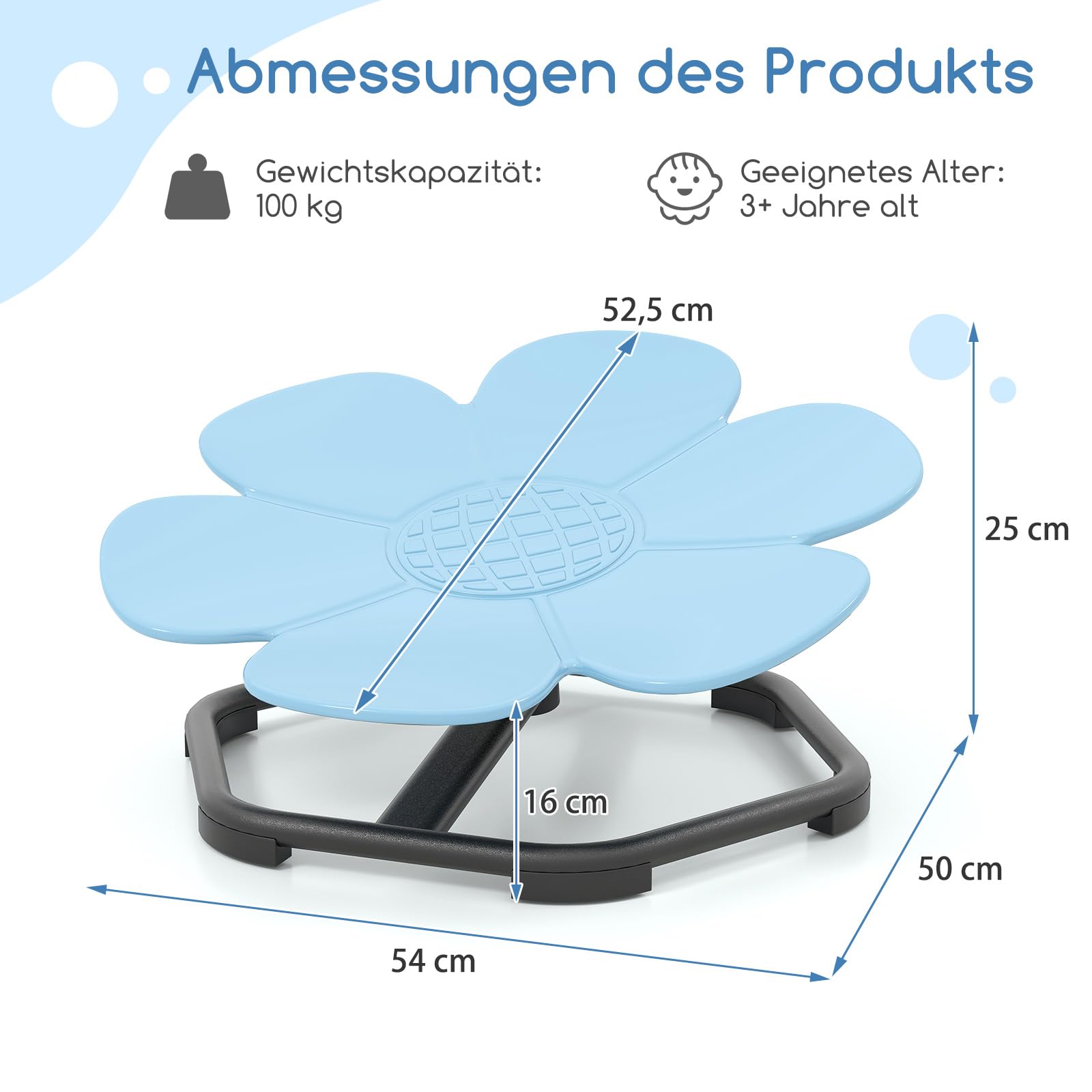 COSTWAY Sensorischer Drehstuhl Kinder, 360° Kinderdrehstuhl, Karussell Autismus Kinderstuhl mit Rutschfester Metallbasis, Karussellstuhl Indoor für Kleinkinder ab 3 Jahren (Blau,Blume)
