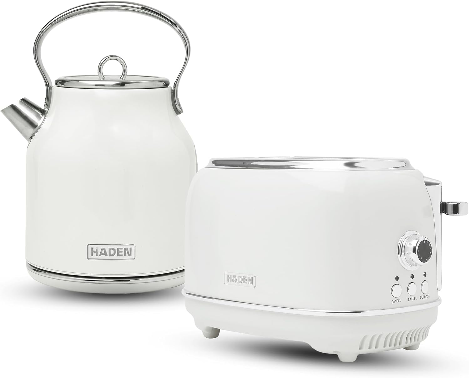 Haden Heritage 1.7 Liter Stainless Steel Body Retro Electric Tea Kettle with 2 Slice Wide Slot Stainless Steel Bread Toaster, White