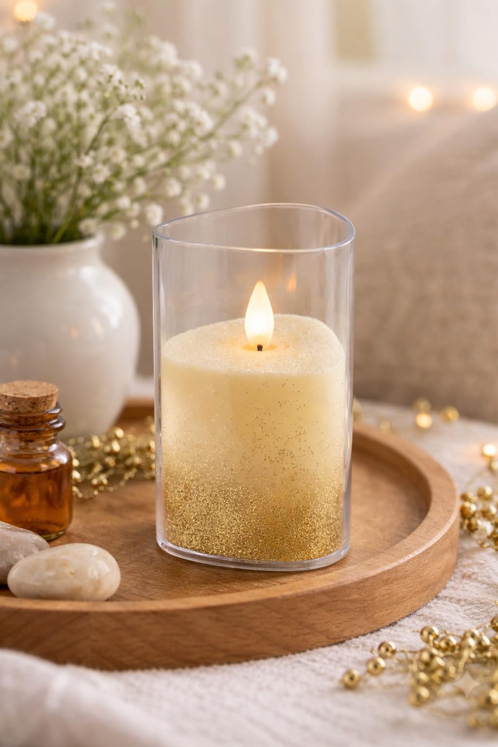 Gold Glitter Flameless LED Candle – 5-Inch Battery Operated Triangular Candle in Clear Glass/Acrylic Shell – Realistic Flickering Wick for Home Decor, Wedding Centerpiece, Diwali & Christmas