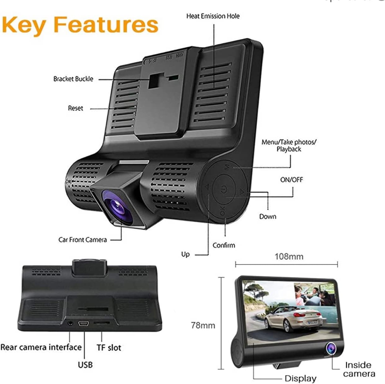 مشخصات Car Dash Cam Front and Inside Video Recorder Rear Camera Dual ...